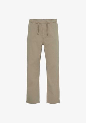 Beige Freizeithose mit elastischem Bund und Kordelzug, gerade geschnittene Beine, Vorderansicht isoliert auf weißem Hintergrund.