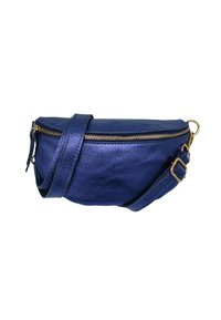 Sac banane en cuir bleu avec une texture lisse, une forme arrondie, un zip doré et une bandoulière ajustable.