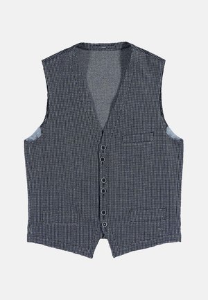 Marineblaue Weste mit einem strukturierten Muster, V-Ausschnitt, fünf Knöpfen und zwei Fronttaschen. Die Ärmel sind offen und mit einem glatten Futter ausgestattet.
