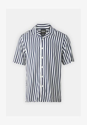 Kurzarmhemd mit navyblauen und weißen vertikalen Streifen, Button-Down-Vorderseite und klassischem Kragen. Hergestellt aus leichtem Stoff.