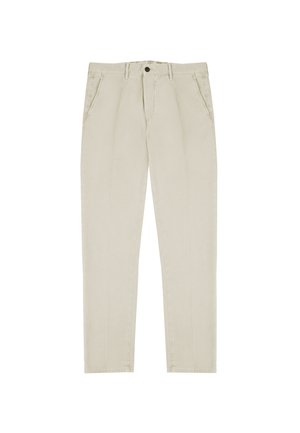 Pantalones de algodón beige con un diseño de pierna recta, que cuentan con bolsillos delanteros, costuras cosidas y un cierre de botón simple en la cintura.