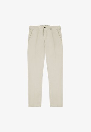 Beige katoenen broek met een recht model, voorzien van zijzakken, gestikte naden en een enkele knoopsluiting in de taille.