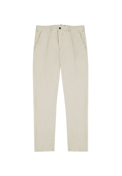 Beige katoenen broek met een recht model, voorzien van zijzakken, gestikte naden en een enkele knoopsluiting in de taille.