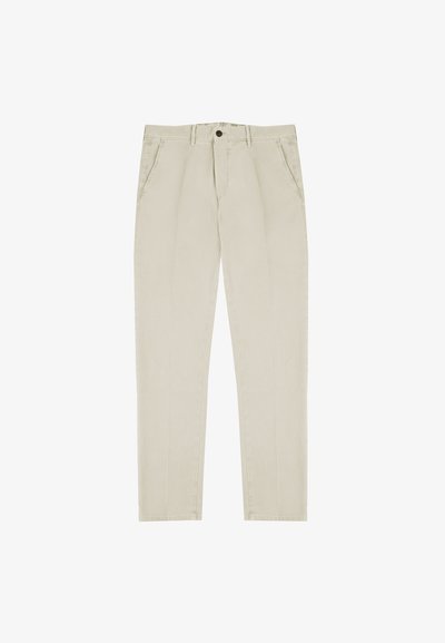 Beige katoenen broek met een recht model, voorzien van zijzakken, gestikte naden en een enkele knoopsluiting in de taille.