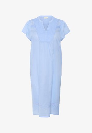 Lichtblauw katoenen jurk met korte mouwen, een V-hals, geplooide details en decoratieve kant langs de zoom. Valt tot op de kuit.