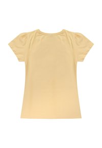 Żółta koszula krótki rękaw wykonana z miękkiego materiału, z marszczonymi bufkami i okrągłym dekoltem. Gładka tekstura, prosty wzór.