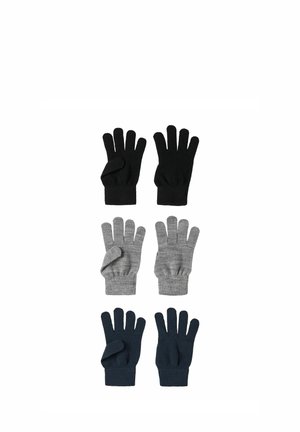 Three pairs of knit gloves in black, gray, and dark blue, each pair with one glove showing the palm and the other the back.