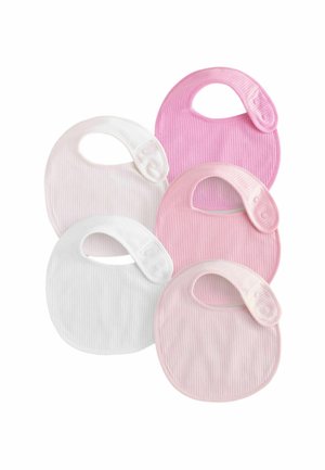 Fem ribbede babyhagesmække i nuancer af hvid, lyserød og klar pink med trykknaplukning rundt om halsen.