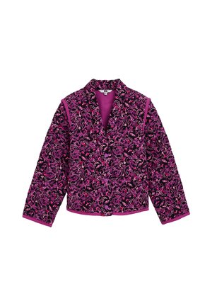 Veste à motif floral violet avec des accents rose contrastés, fermeture à boutons et manches longues. Fabriquée en tissu texturé.