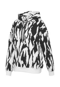 Hooded sweatshirt featuring a black and white abstract pattern, made from soft fabric with a white ribbed hem and cuffs.