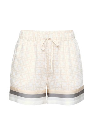 Hellbeige gemusterte Shorts mit elastischem Bund, Kordelzug und horizontalen Streifen in Beige, Grau und Weiß near dem Saum.
