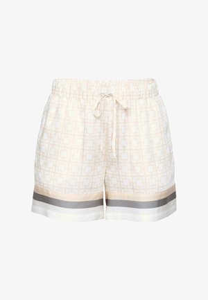 Hellbeige gemusterte Shorts mit elastischem Bund, Kordelzug und horizontalen Streifen in Beige, Grau und Weiß near dem Saum.