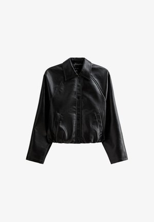 Black cropped leather jacket with a collared neckline, button closure, and side pockets. Features a smooth texture and raglan sleeves.