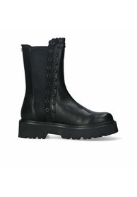 Stivale in pelle nera a metà polpaccio con suola spessa, bordo superiore scallopato e borchie decorative rotonde lungo il lato.