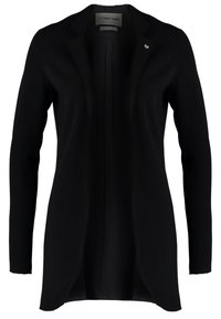 Svart blazer med långa ärmar, öppen front och slag. Tillverkad av slät tyg, med en liten accentlogotyp på den övre vänstra sidan.