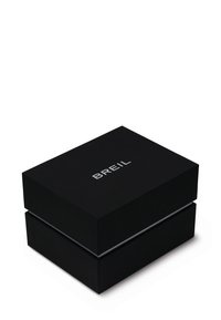 Boîte cadeau rectangulaire noire avec une surface texturée, arborant un logo "BREIL" argenté sur le dessus et un séparateur au milieu.