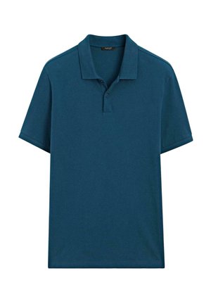 Polo shirt à manches courtes en bleu sarcelle foncé avec un col et une patte de boutonnage à deux boutons, présenté à plat sur un fond blanc.