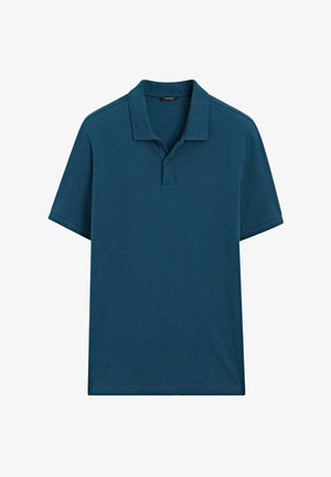 Polo shirt à manches courtes en bleu sarcelle foncé avec un col et une patte de boutonnage à deux boutons, présenté à plat sur un fond blanc.