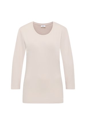 Maglietta a maniche lunghe di un leggero beige con scollatura rotonda e texture morbida. Nessun motivo o decorazione; design minimalista.
