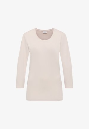 Haut à manches longues, beige clair avec un col rond et une texture douce. Pas de motifs ni d'embellissements ; design minimaliste.