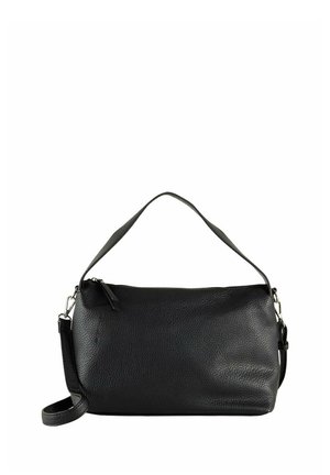 Schwarz Lederhandtasche mit strukturiertem Oberflächen, rechteckiger Form, abnehmbarer Schulterriemen und kurzem Oberhenkel. Akzente aus silbernem Metall.