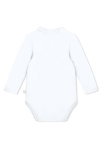 Body bianco a maniche lunghe realizzato in morbido cotone, con colletto rotondo, chiusura a scatto sul fondo e design senza cuciture.