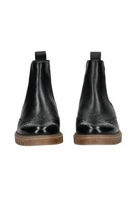 Czarne skórzane buty chelsea z detalami w stylu brogue, elastycznymi panelami bocznymi i trwałą brązową gumową podeszwą. Gładkie, polerowane wykończenie.