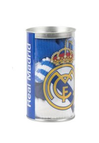 Cilindro di metallo con grafiche blu. Contiene calze assortite in blu, bianco e con motivi a righe. Logo del Real Madrid ben in vista.
