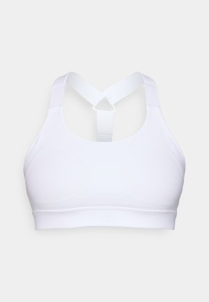 Sostén deportivo blanco con una tela suave y elástica. Presenta un diseño de espalda cruzada que brinda soporte y una banda ancha en la parte inferior para mayor comodidad.