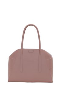 Różowa torba tote z gumy, z dwiema długimi rączkami, o wyraźnym kształcie i subtelnym logo obag z przodu. Posiada zamek błyskawiczny.