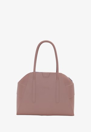 Bolsa de tote de goma rosa con dos asas largas, forma estructurada y un sutil logo de obag en el frente. Cuenta con un cierre de cremallera.