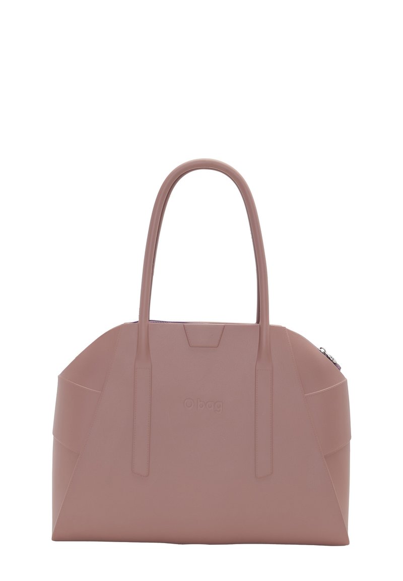 Różowa torba tote z gumy, z dwiema długimi rączkami, o wyraźnym kształcie i subtelnym logo obag z przodu. Posiada zamek błyskawiczny.
