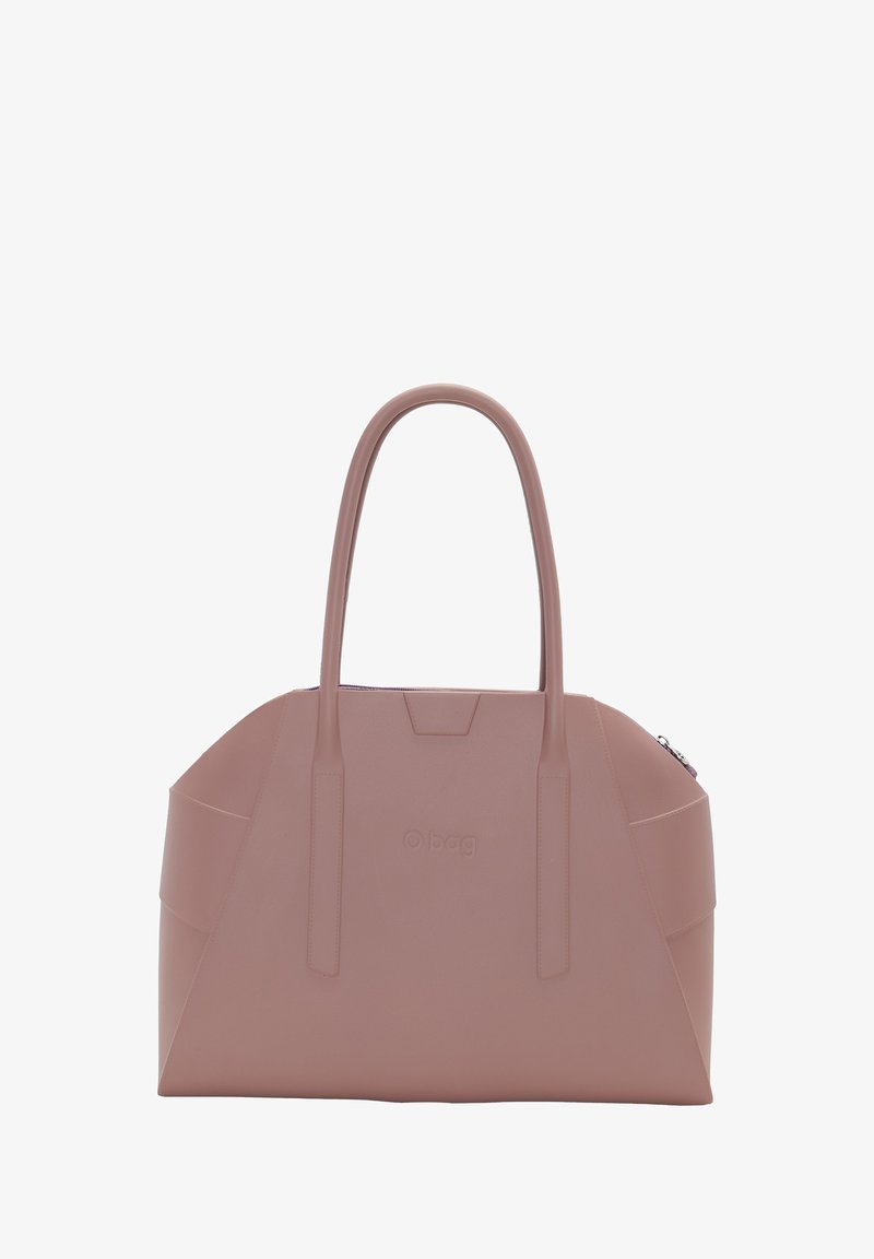 Różowa torba tote z gumy, z dwiema długimi rączkami, o wyraźnym kształcie i subtelnym logo obag z przodu. Posiada zamek błyskawiczny.