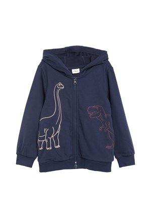 Marineblauer Kapuzen-Sweatshirt mit Reißverschluss, vorne mit beigen Brachiosaurus- und roten Tyrannosaurus-Linienzeichnungen.