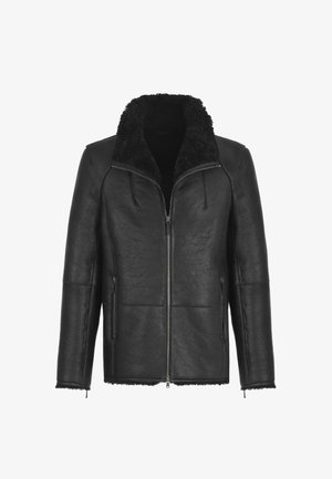 Veste en cuir noir avec fermeture éclair à l'avant, poches latérales zippées et épaisse doublure en polaire visible au col et aux poignets.