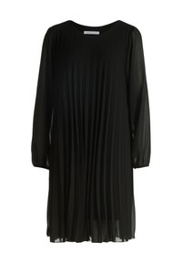 Czarna plisowana sukienka z długimi rękawami, okrągłym dekoltem i przejrzystą tkaniną. Charakteryzuje się pionowymi plisami na przodzie. Lekka, zwiewna konstrukcja.
