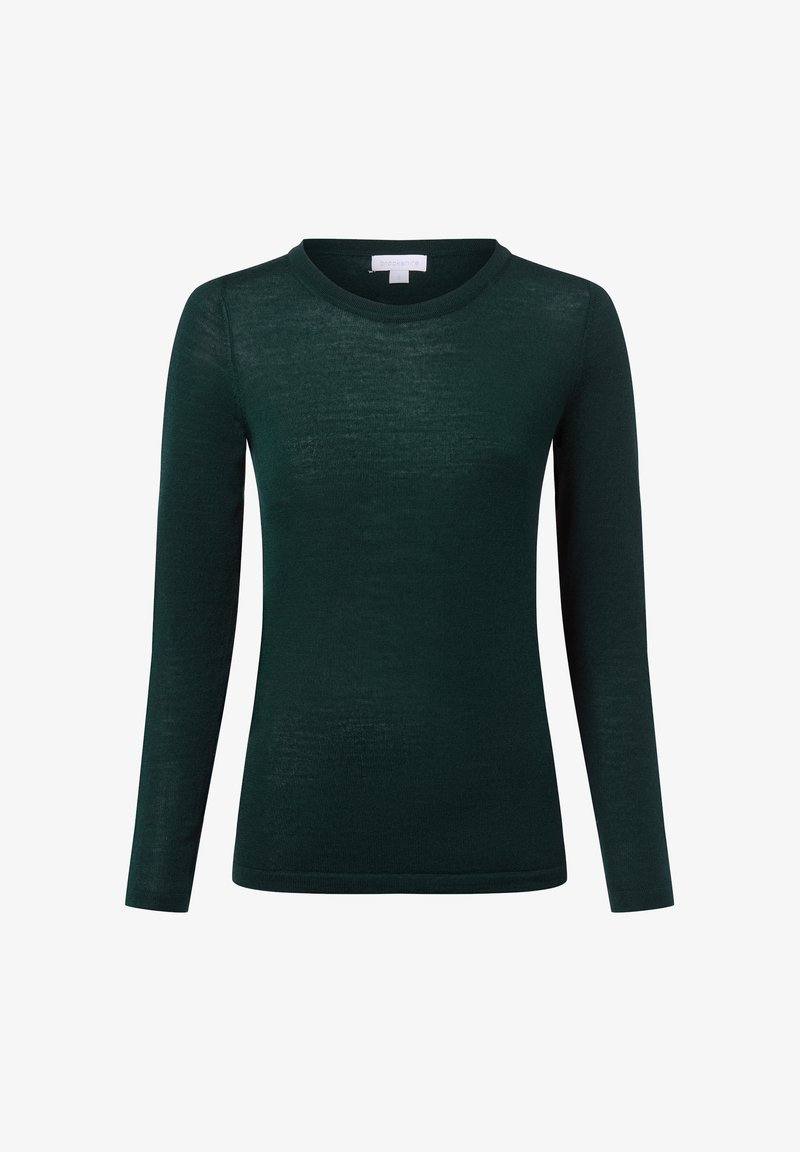 Koszula z długim rękawem w ciemnozielonym kolorze, wykonana z lekkiego, teksturowanego materiału, o okrągłym dekolcie i dopasowanym kroju.