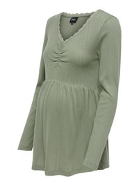 Light green long-sleeve maternity top with ribbed texture, gathered detailing at the bust, and a scalloped neckline.
