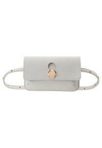Szara torba ze strukturalnej skóry z klapką, z okrągłym złotym guzikiem oraz dwoma ramiączkami ozdobionymi małymi złotymi ćwiekami.