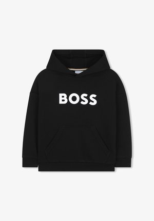 Zwarte hoodie van zachte stof met een groot wit "BOSS" logo op de voorkant, een buidelzak en een capuchon met trekkoord.