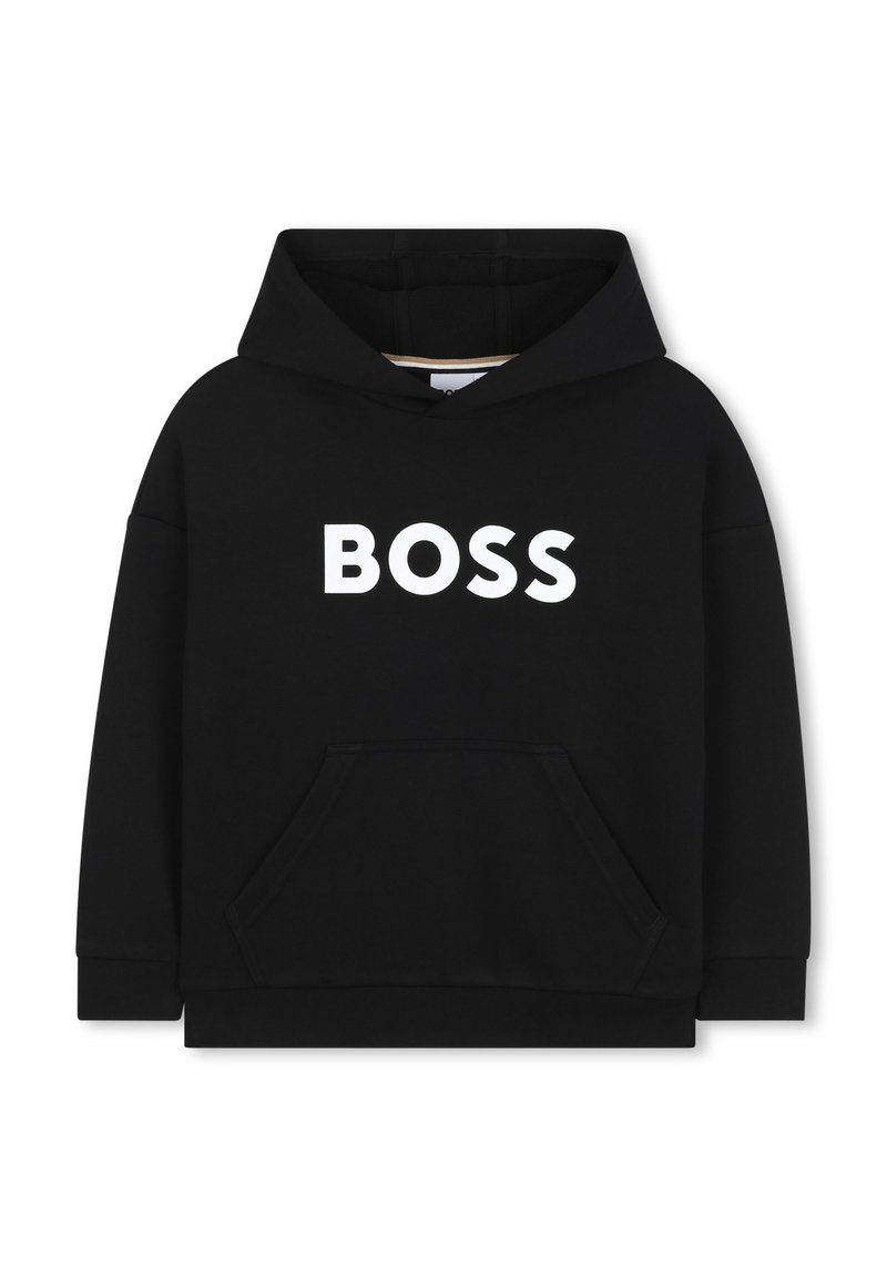 Haut à capuche noir en tissu doux avec un grand logo blanc "BOSS" sur le devant, une poche kangourou et un capuchon à cordon.