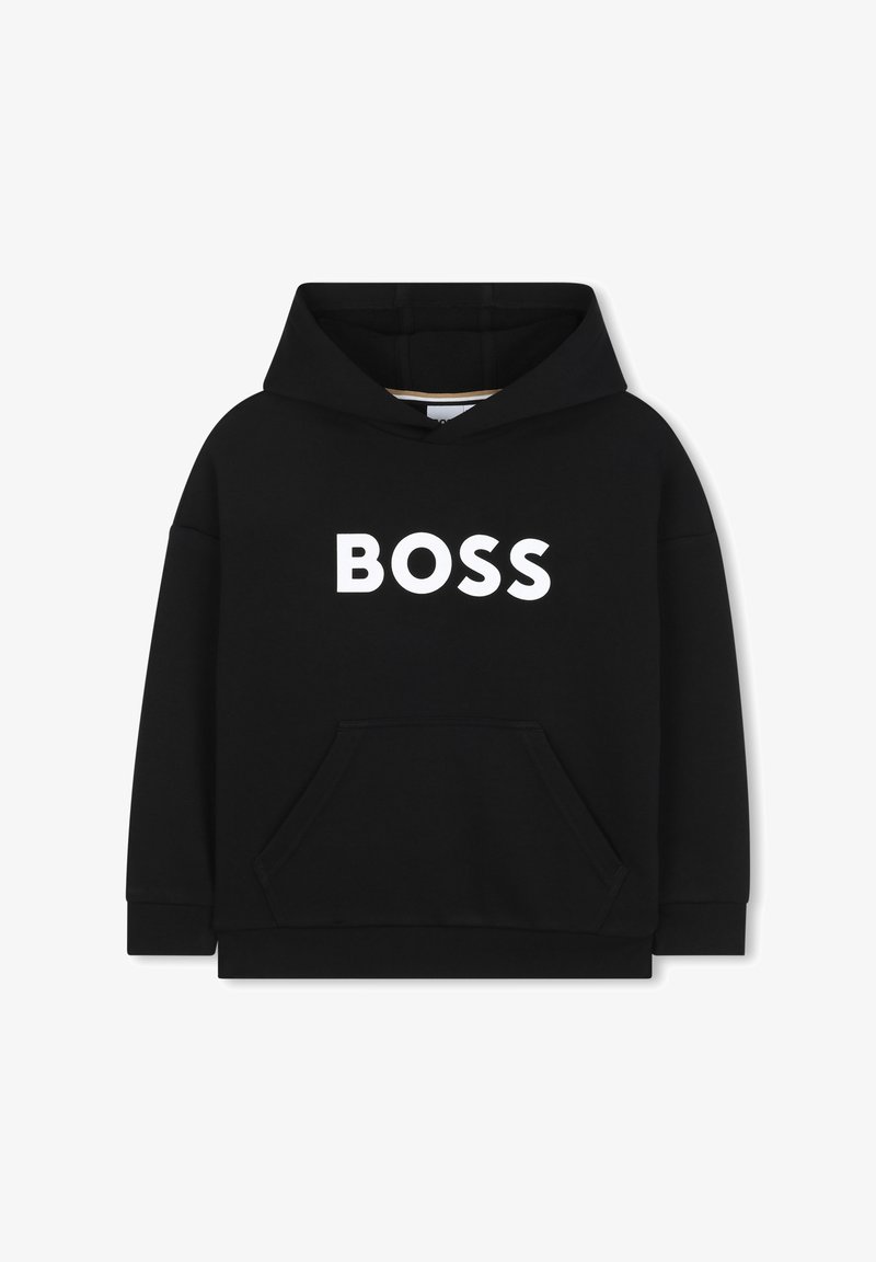 Zwarte hoodie van zachte stof met een groot wit "BOSS" logo op de voorkant, een buidelzak en een capuchon met trekkoord.