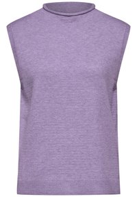 Ärmlös lila tröja med hög hals, gjord av mjukt stickat tyg, med en slät textur och ribbat fålldetalj.