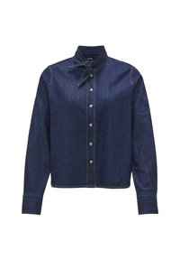 Camicia in denim blu scuro con cravatta al collo, maniche lunghe e bottoni dorati. Presenta dettagli di cucitura a contrasto.