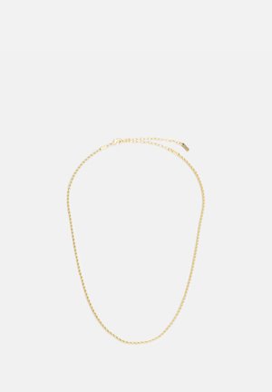 Collier en chaîne de couleur or avec un design fin et torsadé, doté d'un fermoir et d'une longueur ajustable. Texture lisse et finition brillante.