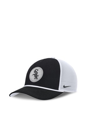 Black and white baseball cap with a mesh back, a circular logo on the front, and a small Nike swoosh on the side.