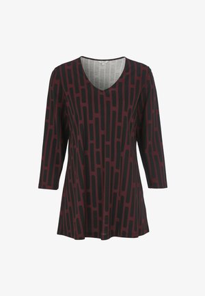 Långärmad bordeauxfärgad tunika med svarta vertikala rektangulära mönster och V-ringad krage.