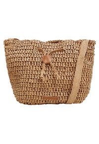 Sac en paille tissée couleur miel avec une finition texturée, équipé d'une fermeture nouée et d'une bandoulière réglable beige. Design minimaliste.