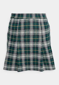 Grüne karierten Rock mit einem Karomuster in Weiß und Gelb. Hergestellt aus strukturiertem Stoff mit einem ausgestellten Design und seitlichen Falten.