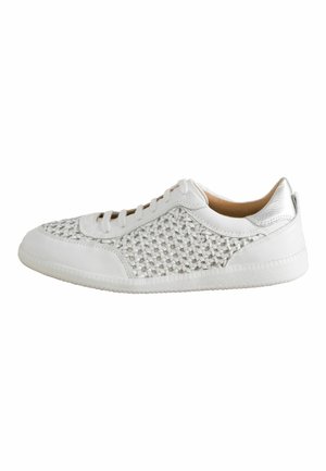 White leather sneaker with woven texture on the upper, round toe, and rubber sole. Features silver accents on the heel and laces.